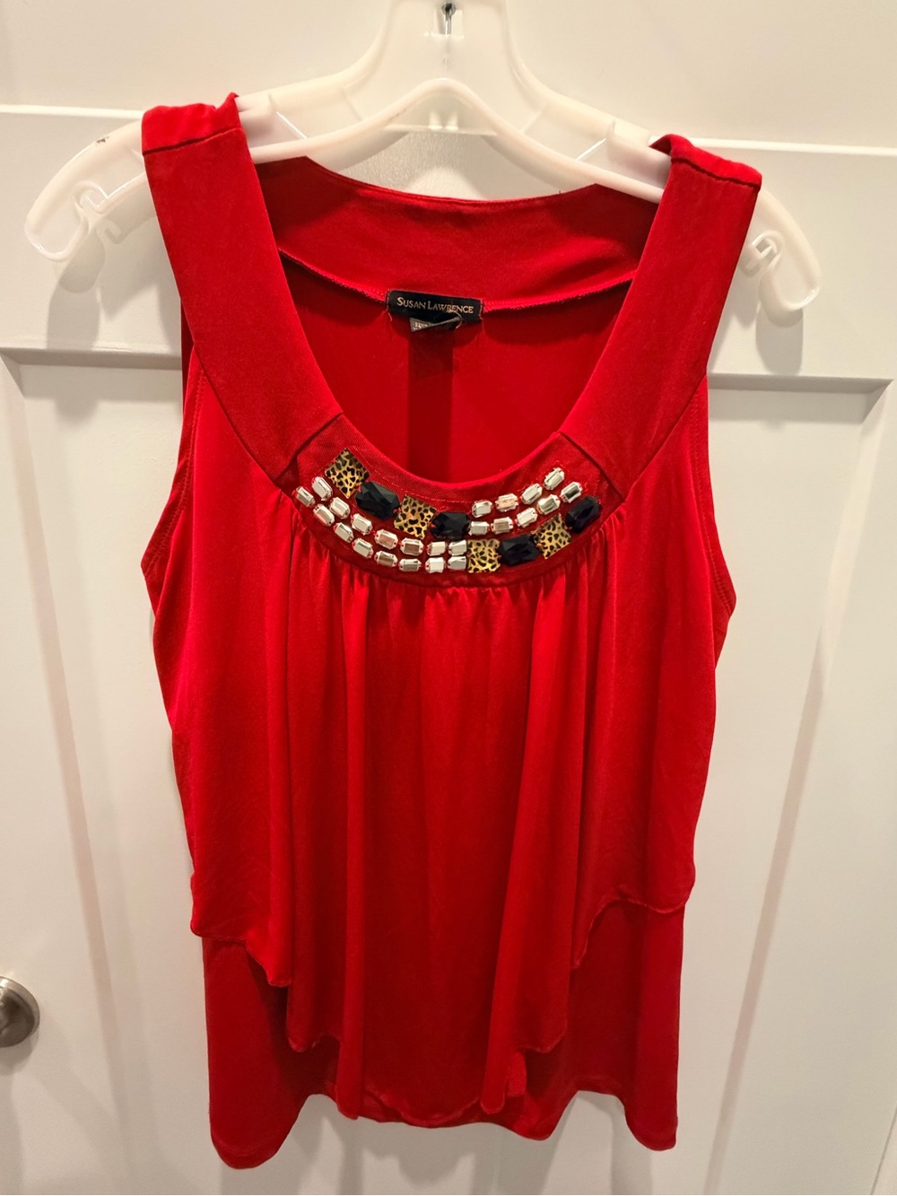 Susan Lawrence M Red Rhinestone Leopard Embellished Layered Tank Top